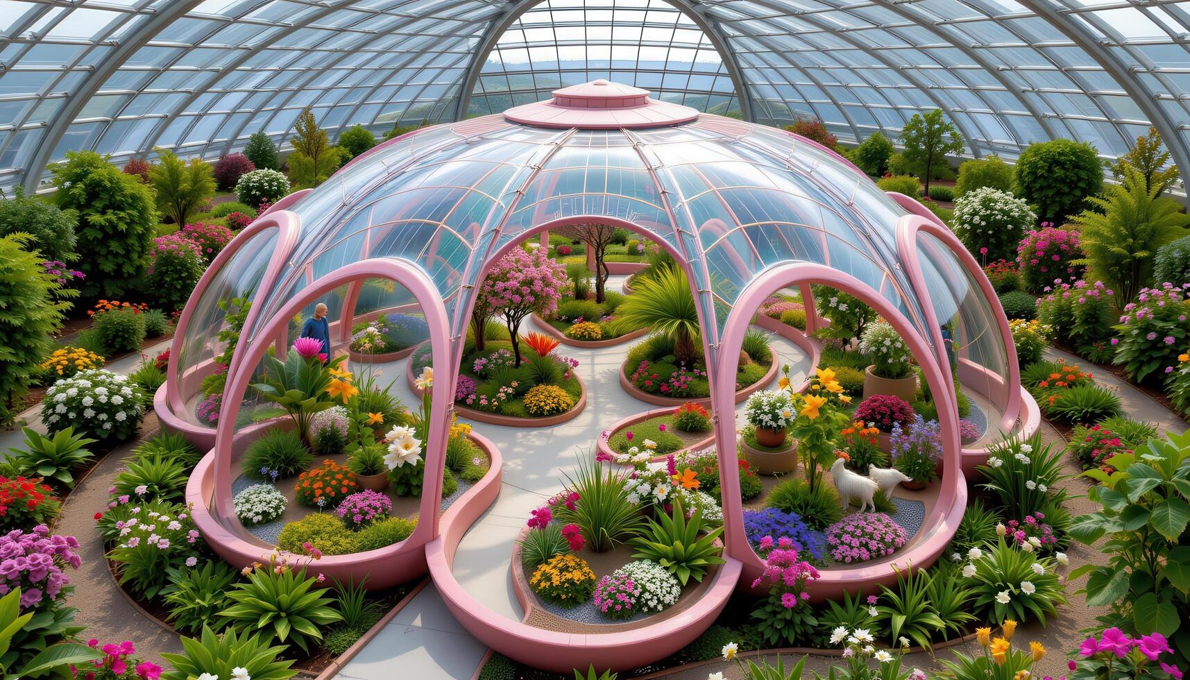a circular greenhouse designed like a flower itself, with petals as rooms filled with curated floral ecosystems. photo