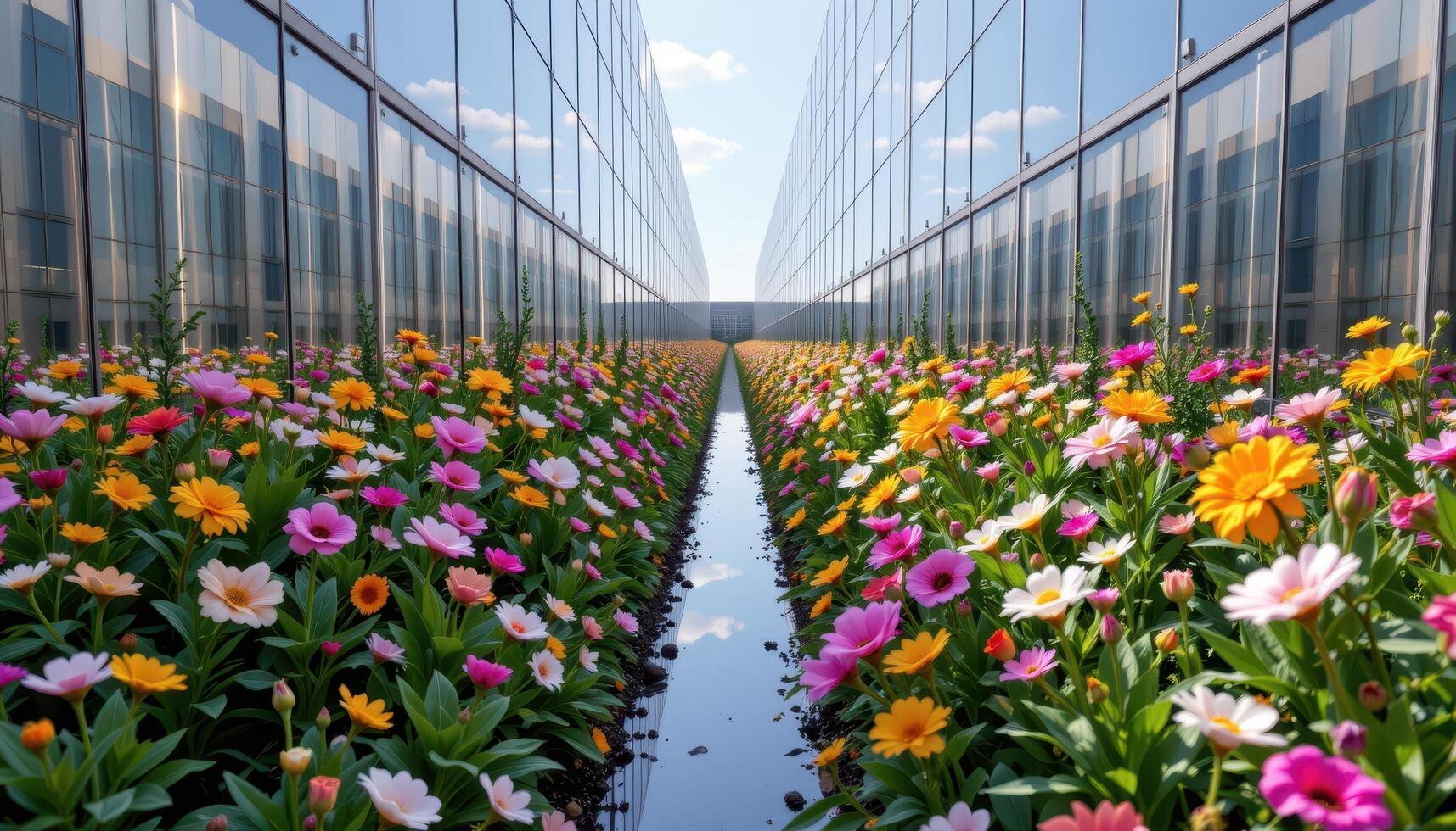 a canyon of mirrored walls where flowers grow infinitely in reflection, forming a recursive landscape. photo