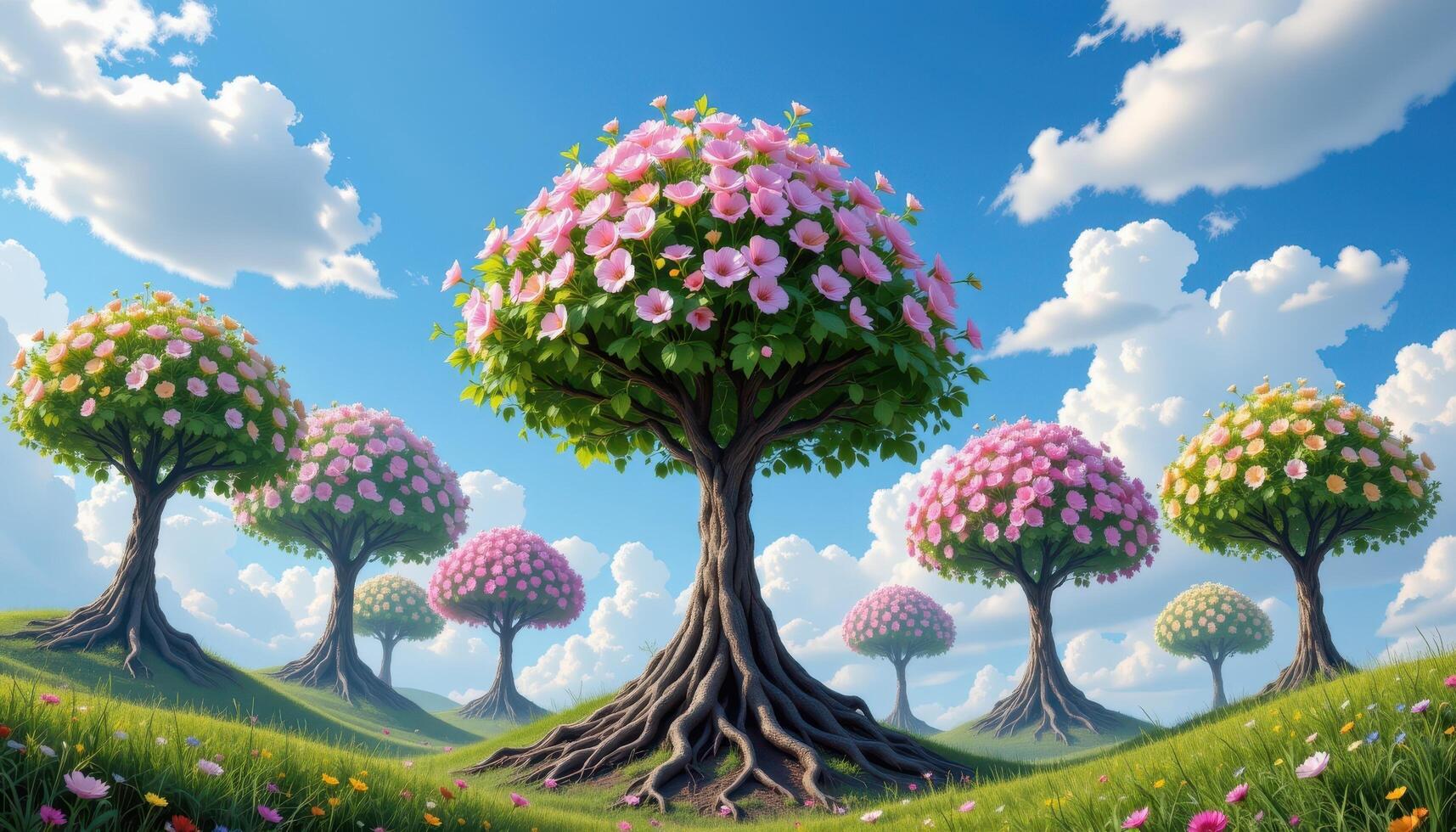 a surreal dreamscape where upside down trees blossom from the sky, with roots stretching into clouds. photo