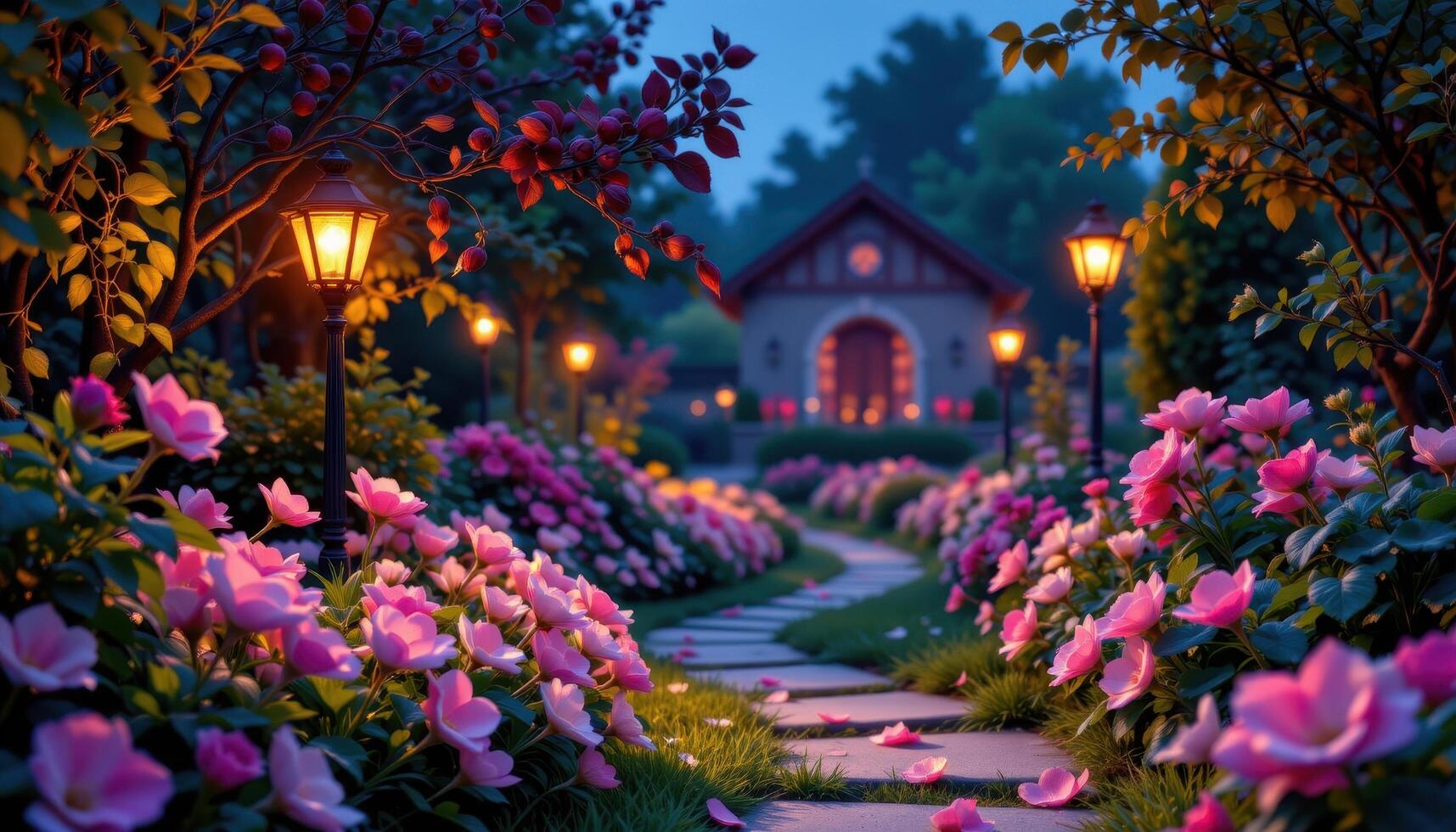 a slow, looping path through a glowing midnight garden where light and shadow dance across petals. photo