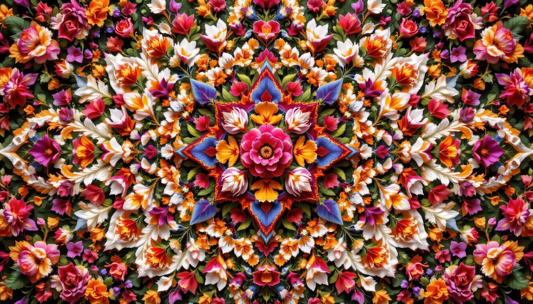 a massive botanical tapestry made of real flower petals pressed into ornate symmetrical designs. photo