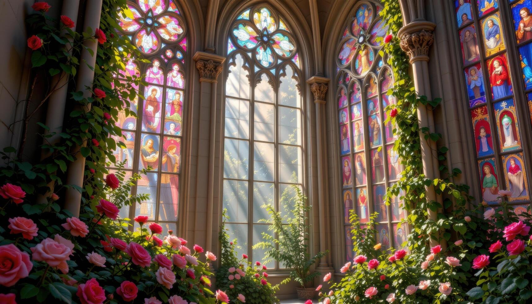 a glass cathedral overtaken by roses, ivy, and stained glass shadows cast by bloom filled windows. photo