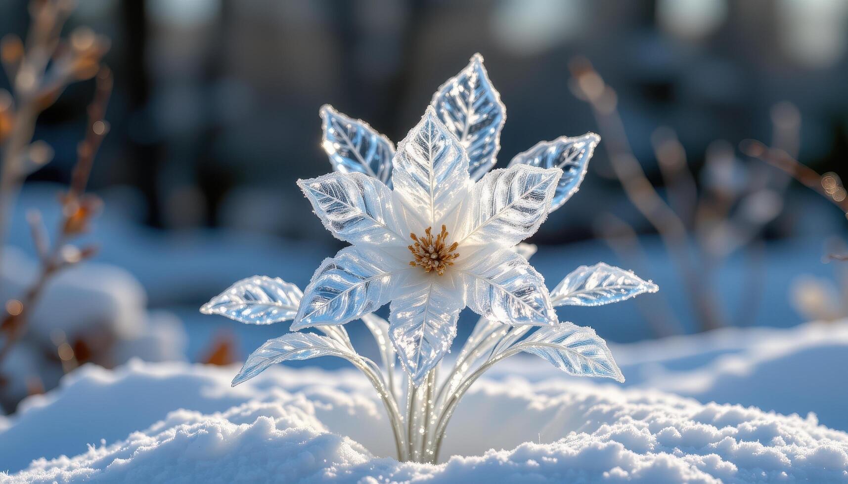 a flower bouquet made entirely of ice crystals and frost, arranged like a winter sculpture. photo