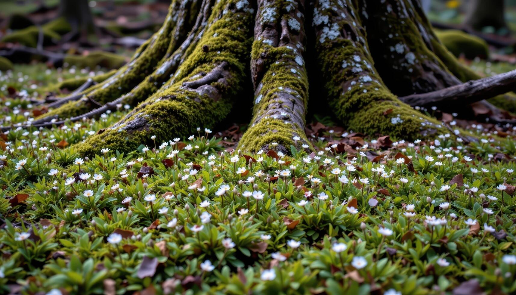 a thick carpet of moss dotted with tiny star shaped blossoms stretches beneath an ancient tree draped in lichen. photo