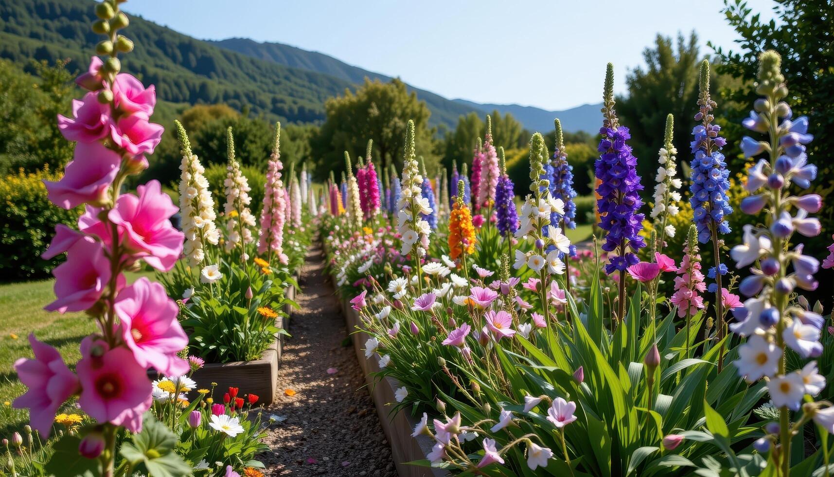 a row of garden beds lines a quiet hillside, bursting with hollyhocks and delphiniums swaying gently in the breeze. photo