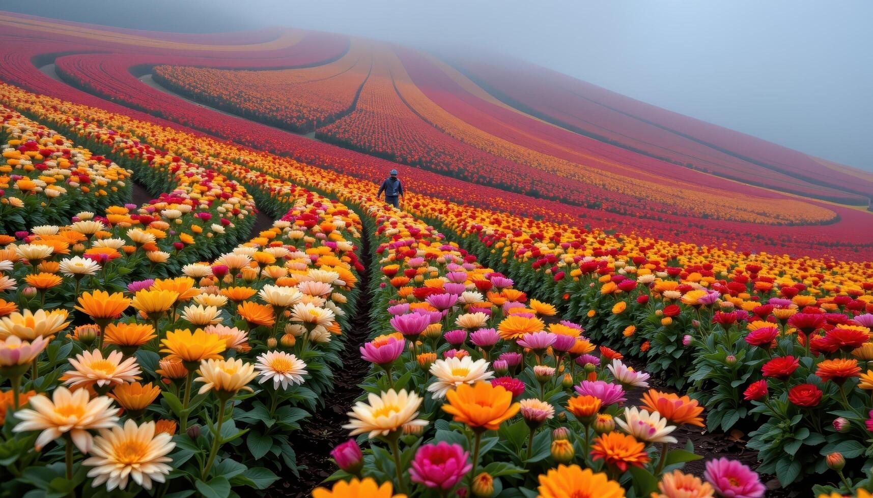 rows of chrysanthemums in autumnal hues create a rich tapestry of color in a misty, terraced field. photo