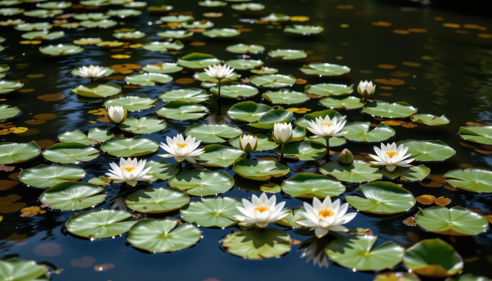 the surface of a slow moving river is dotted with delicate lotus blossoms, their broad leaves casting soft shadows beneath them. photo