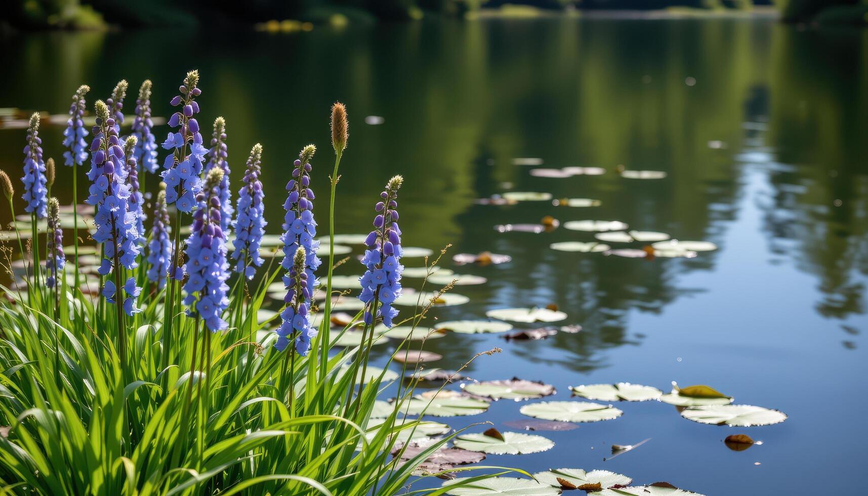tall stalks of blue delphinium line the edge of a still lake, their reflections broken only by drifting lily pads. photo