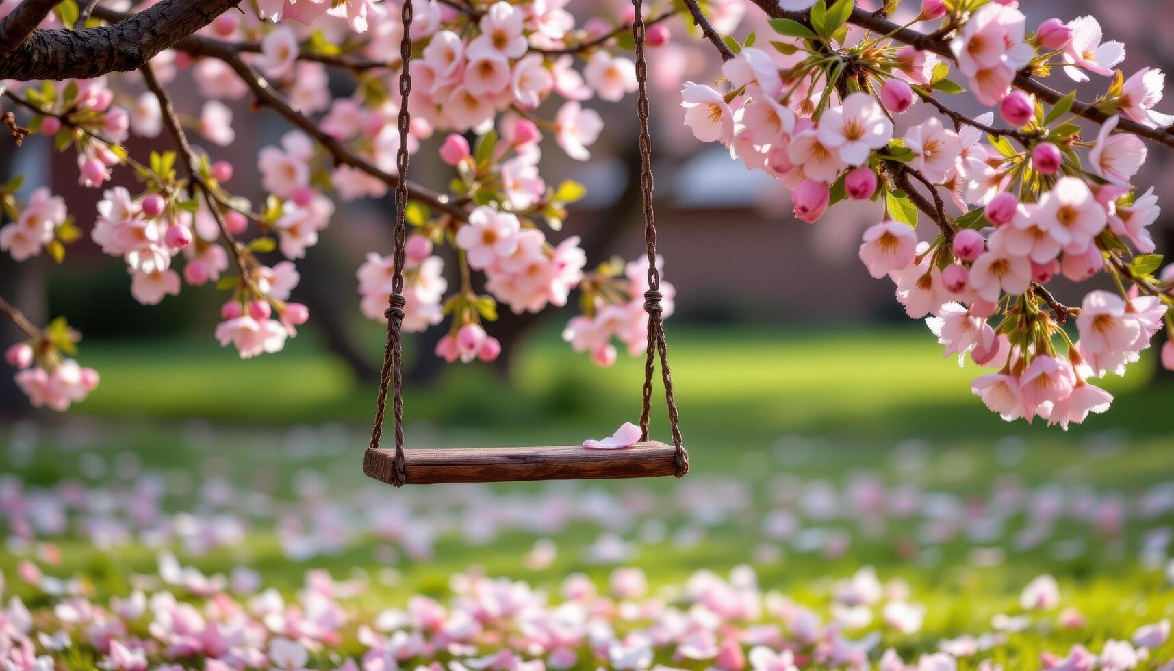a broken swing dangles from a flowering tree branch, petals of apple blossoms blanketing the ground below. photo