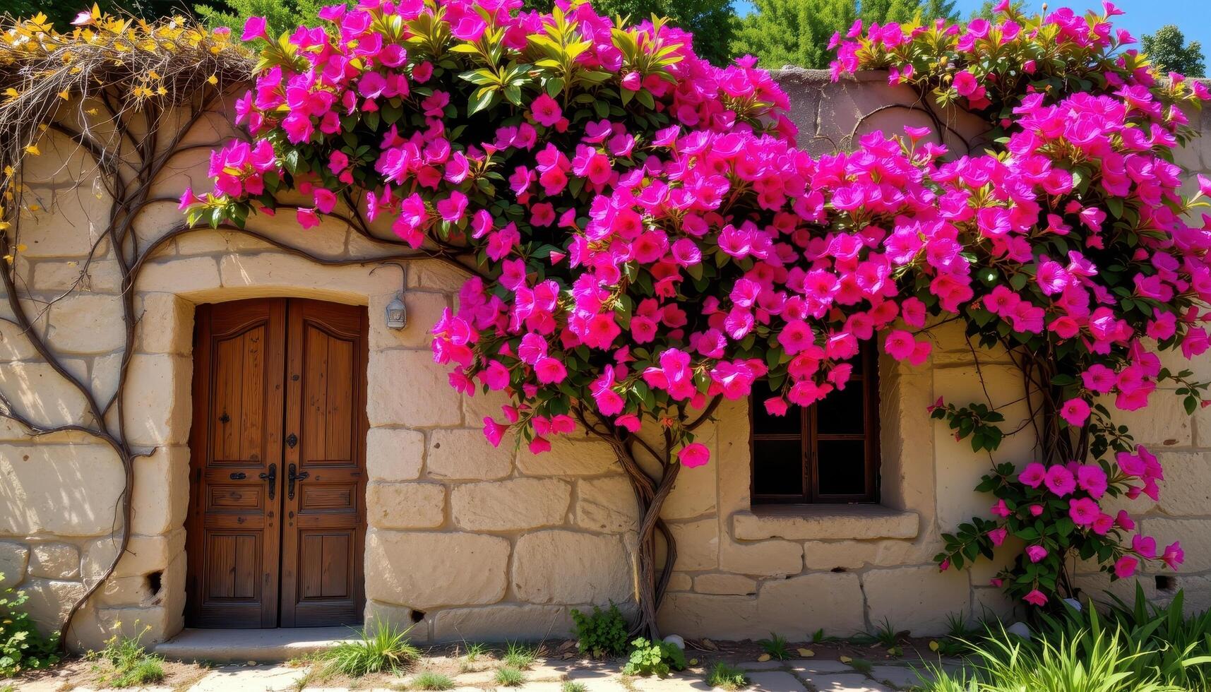the walls of an abandoned villa are wrapped in bougainvillea vines, their magenta flowers glowing against sun worn stone. photo