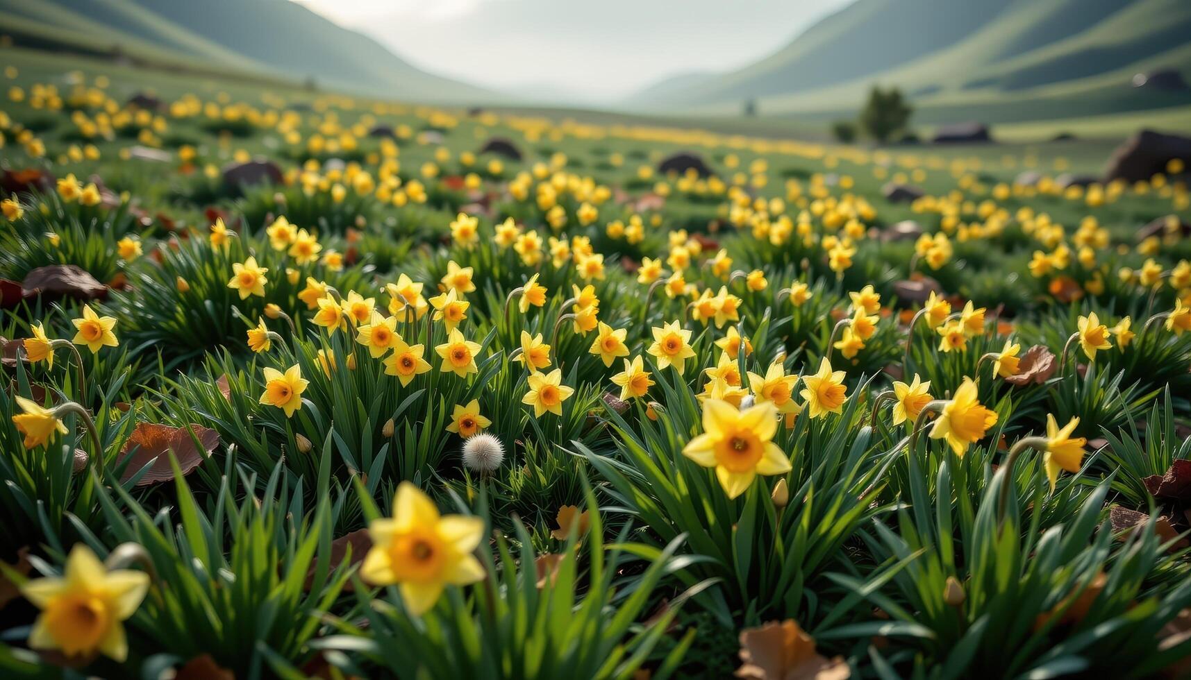 clusters of wild daffodils bloom across a misty valley floor, forming scattered bursts of sunshine among the grass. photo