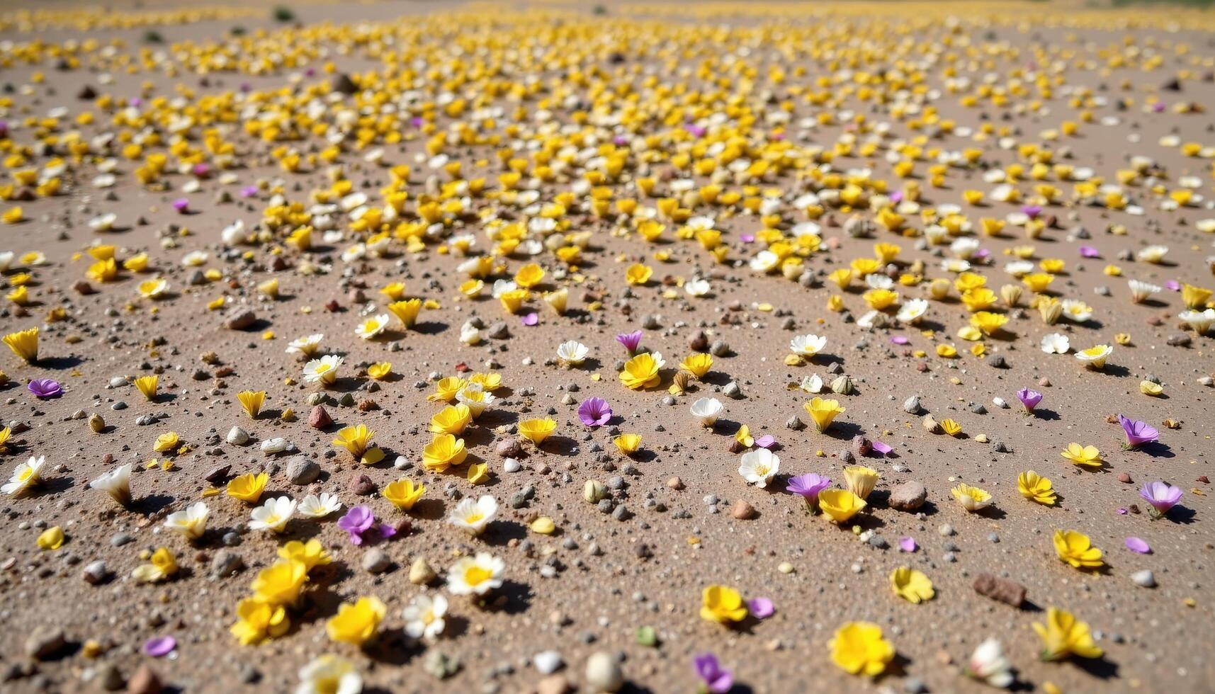 a flat desert plain comes alive with tiny desert blooms, blanketing the sand in yellow, white, and purple patches. photo