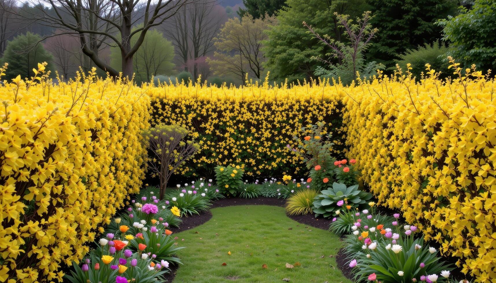 thick hedges of blooming forsythia form golden walls around a sunken garden, sealed off from wind and time. photo