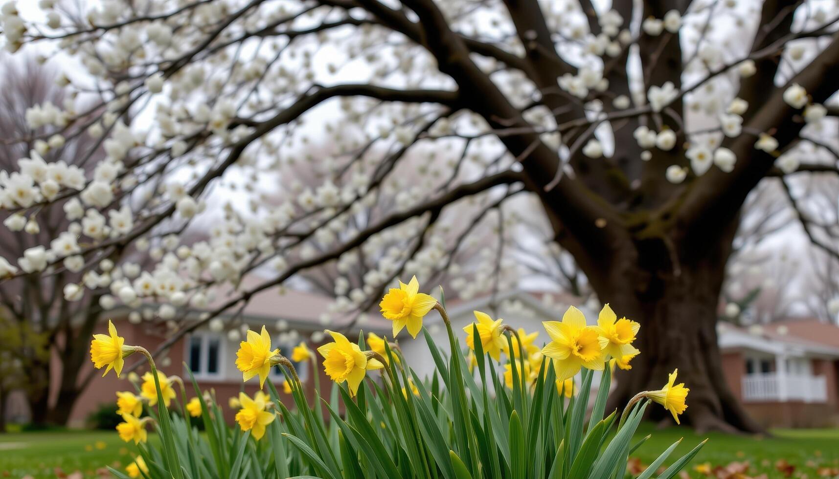 yellow daffodils sway gently under the wide branches of a blooming dogwood tree in the calm before a spring storm. photo