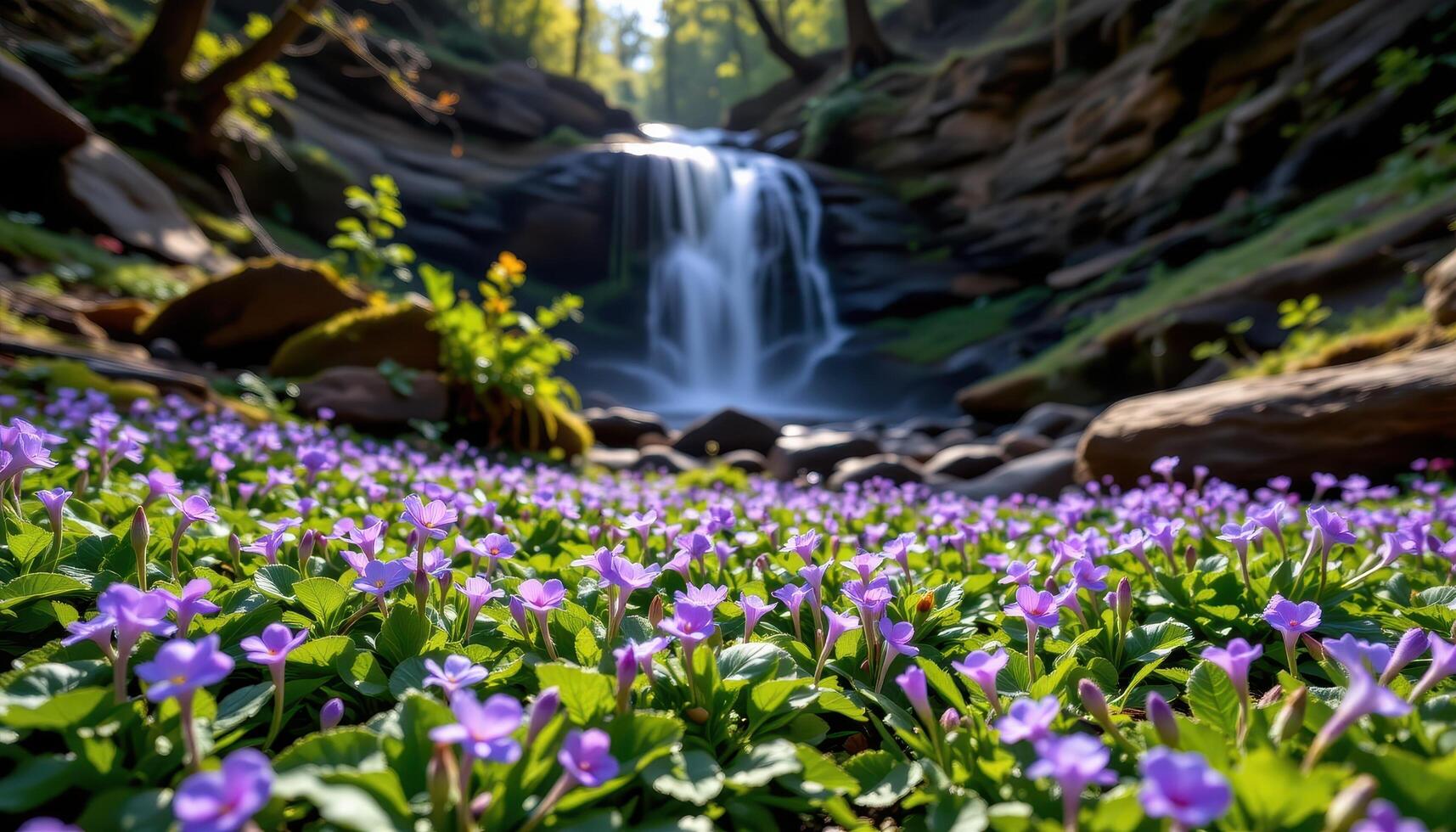 in a clearing beside a waterfall, a carpet of wild violets glows under filtered morning light. photo