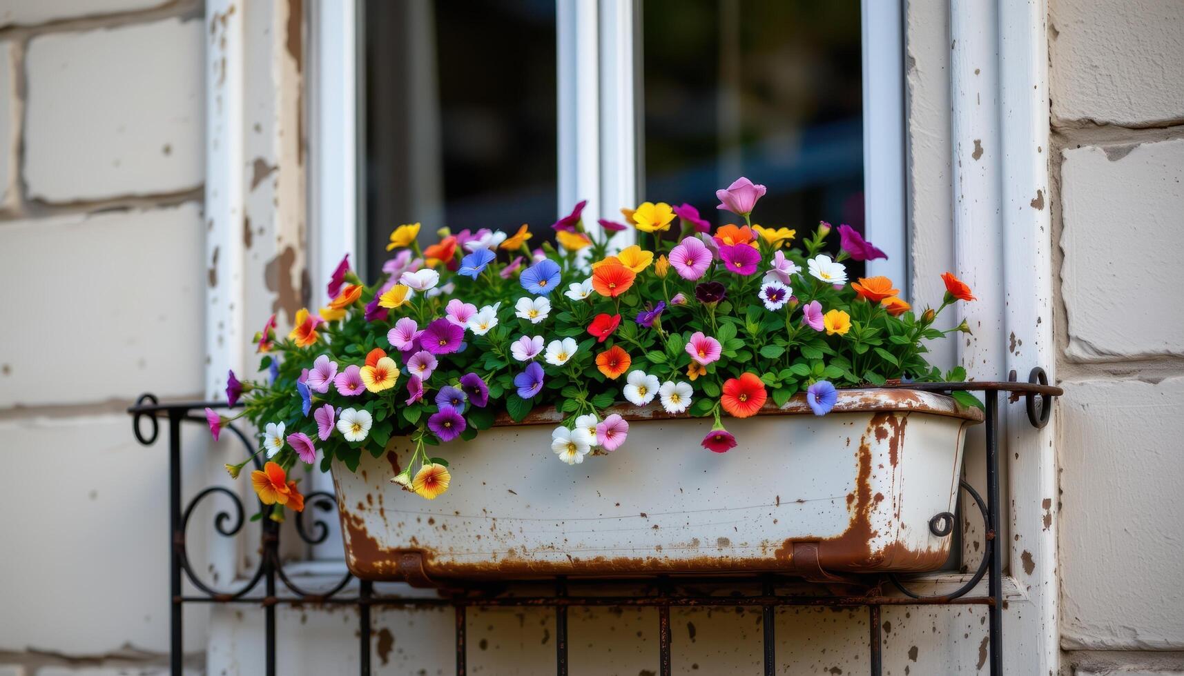 a lone planter on a balcony bursts with pansies in every color, framed by chipped paint and rusty railings. photo