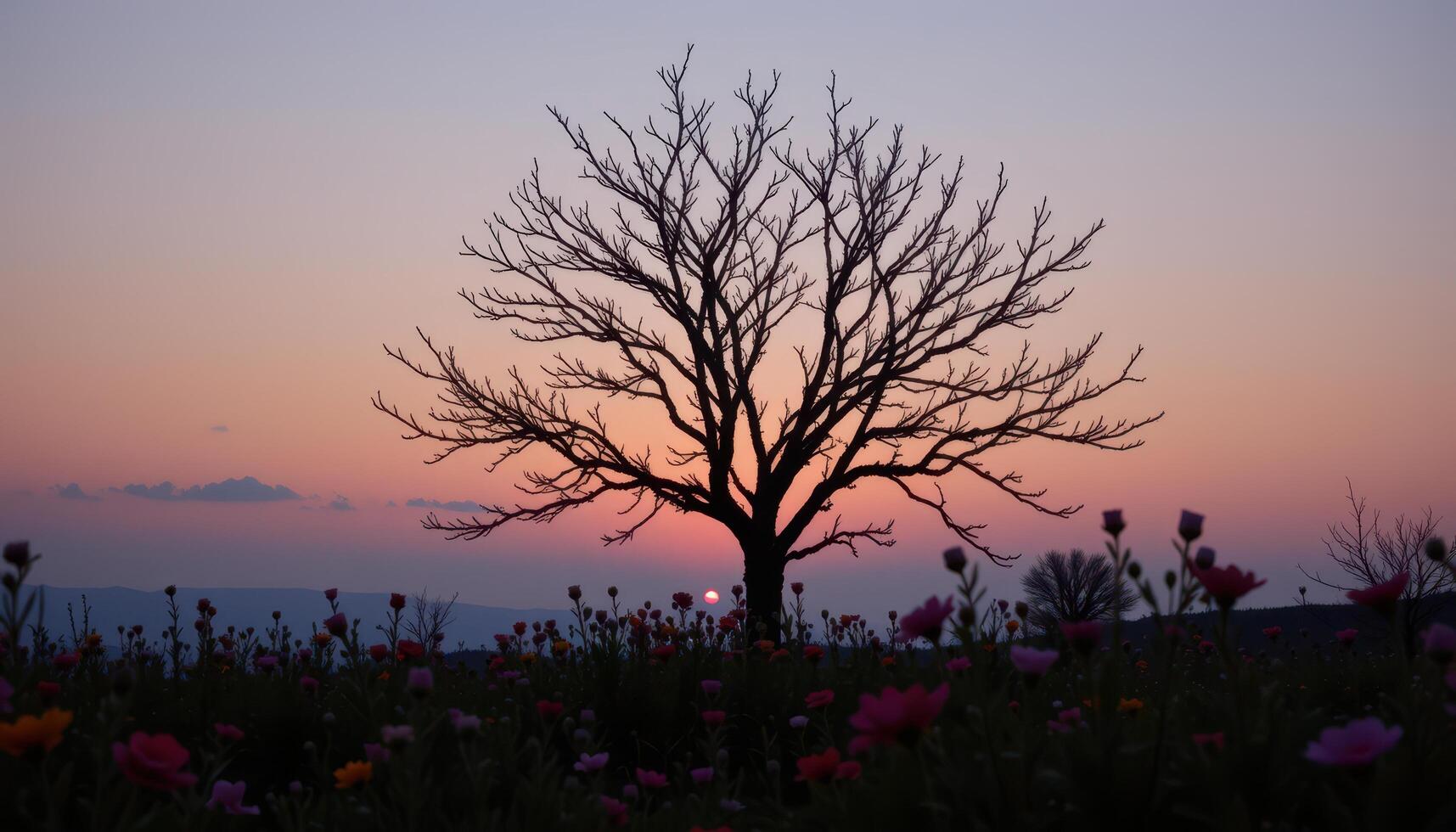 the silhouette of a bare tree is framed by blooming wildflowers in every shade beneath a pale twilight sky. photo