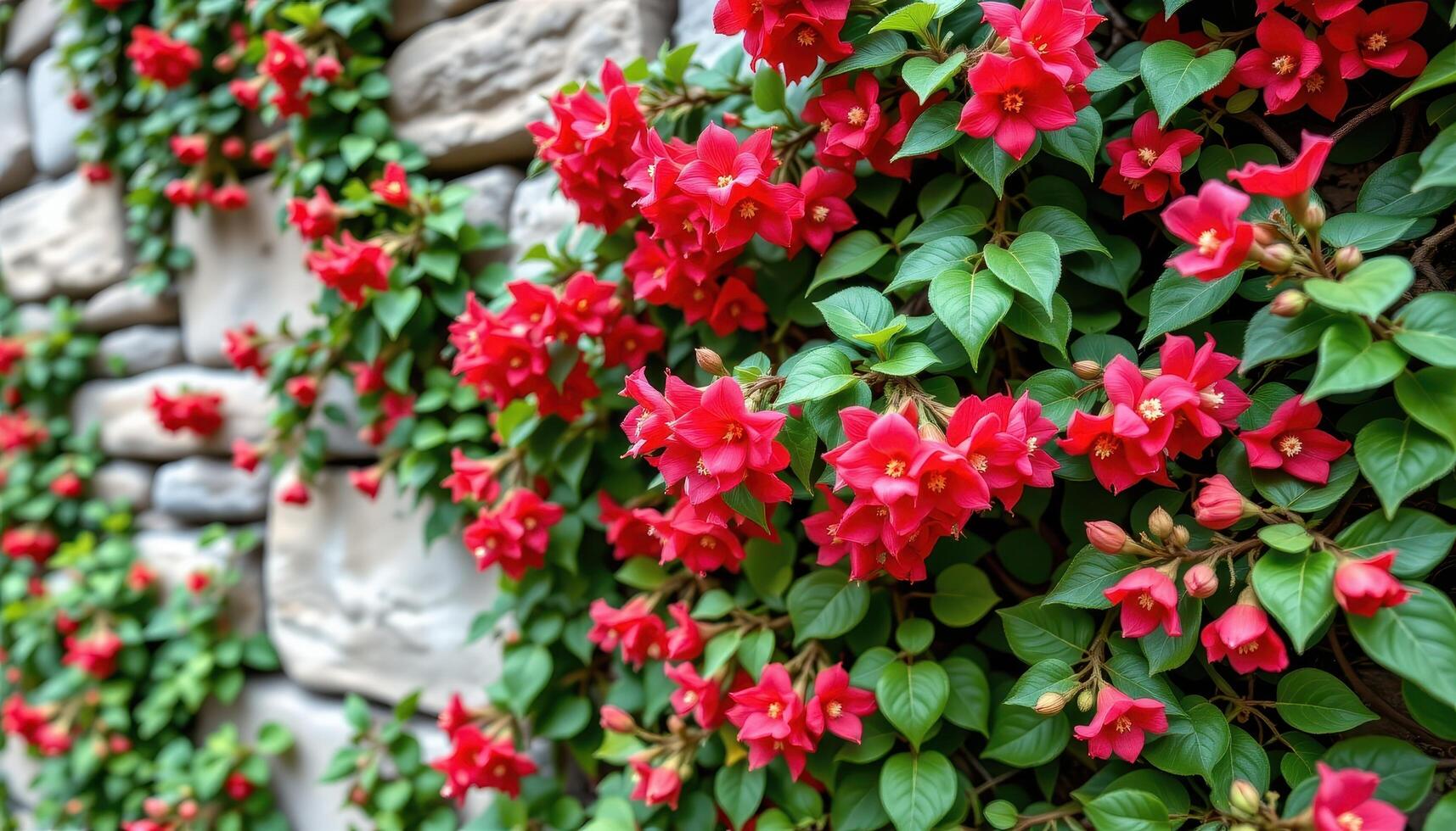 a stone wall covered in ivy is dotted with clusters of bright red honeysuckle flowers photo