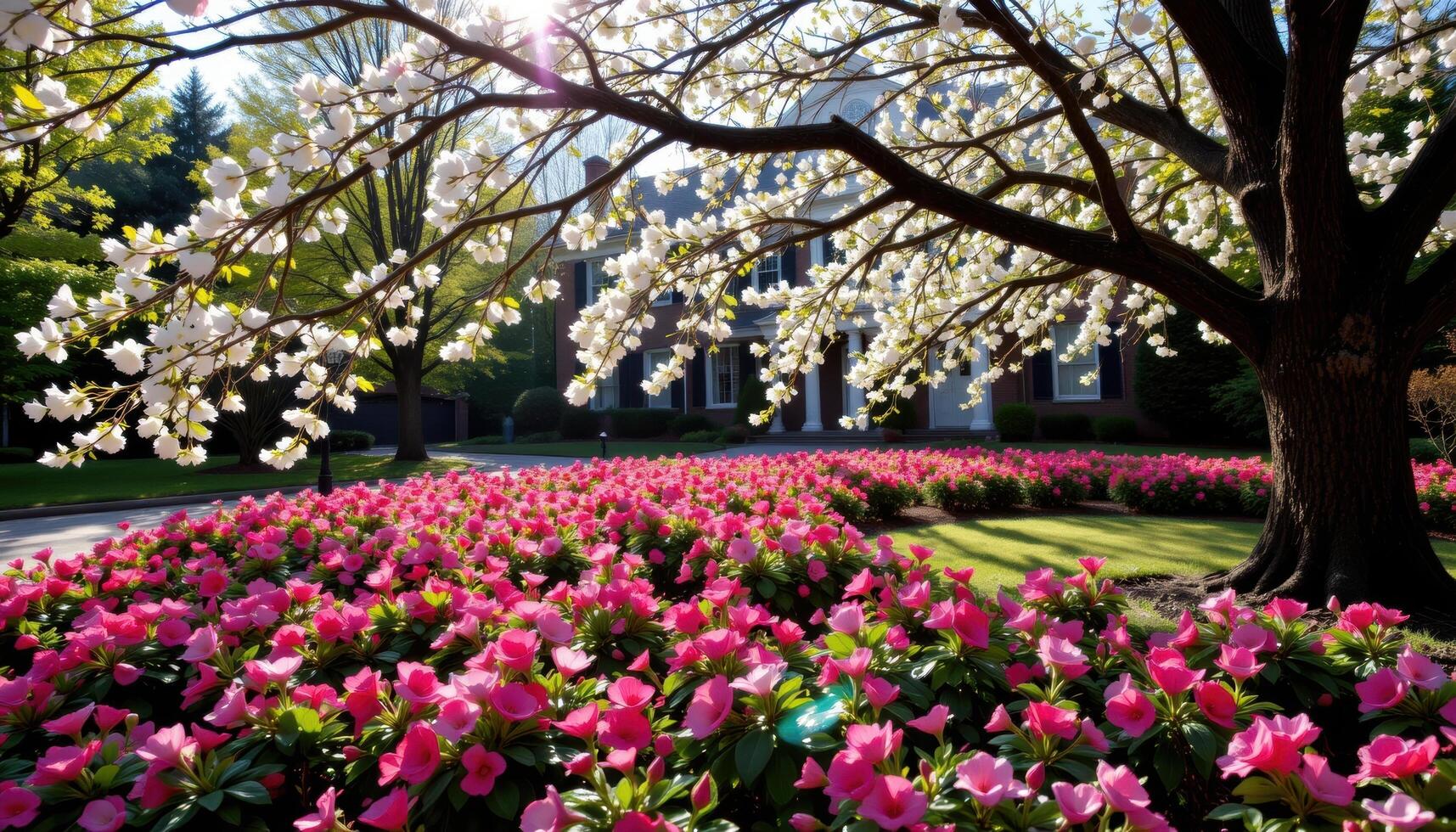sunlight filters through a canopy of flowering dogwood trees, casting dappled shadows over beds of blooming azaleas. photo