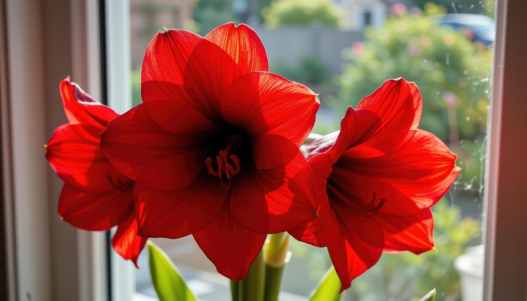 the petals of bright red amaryllis flowers open wide in a sunlit windowsill, their centers dark and mysterious. photo