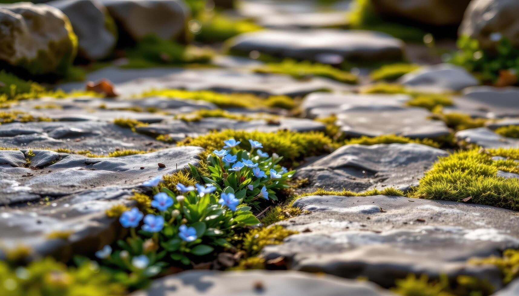 a small path lined with moss is bordered by tiny blue and white flowers sprouting from cracks in the old stones. photo