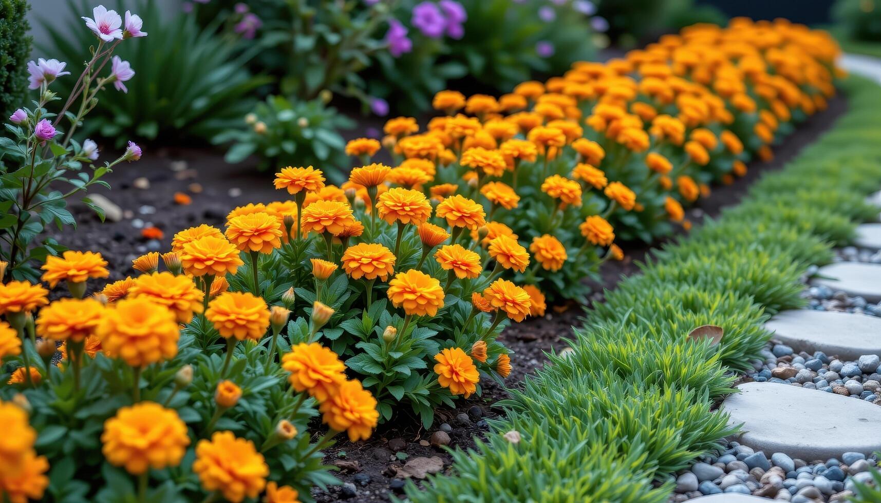 a bed of bright orange marigolds forms a glowing border along a gravel garden path, their colors vibrant against the stone. photo