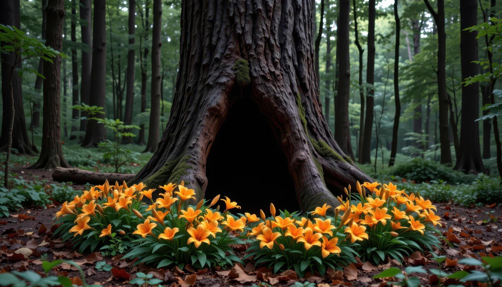 a ring of orange tiger lilies surrounds the base of an ancient, hollow tree at the edge of a dark forest. photo