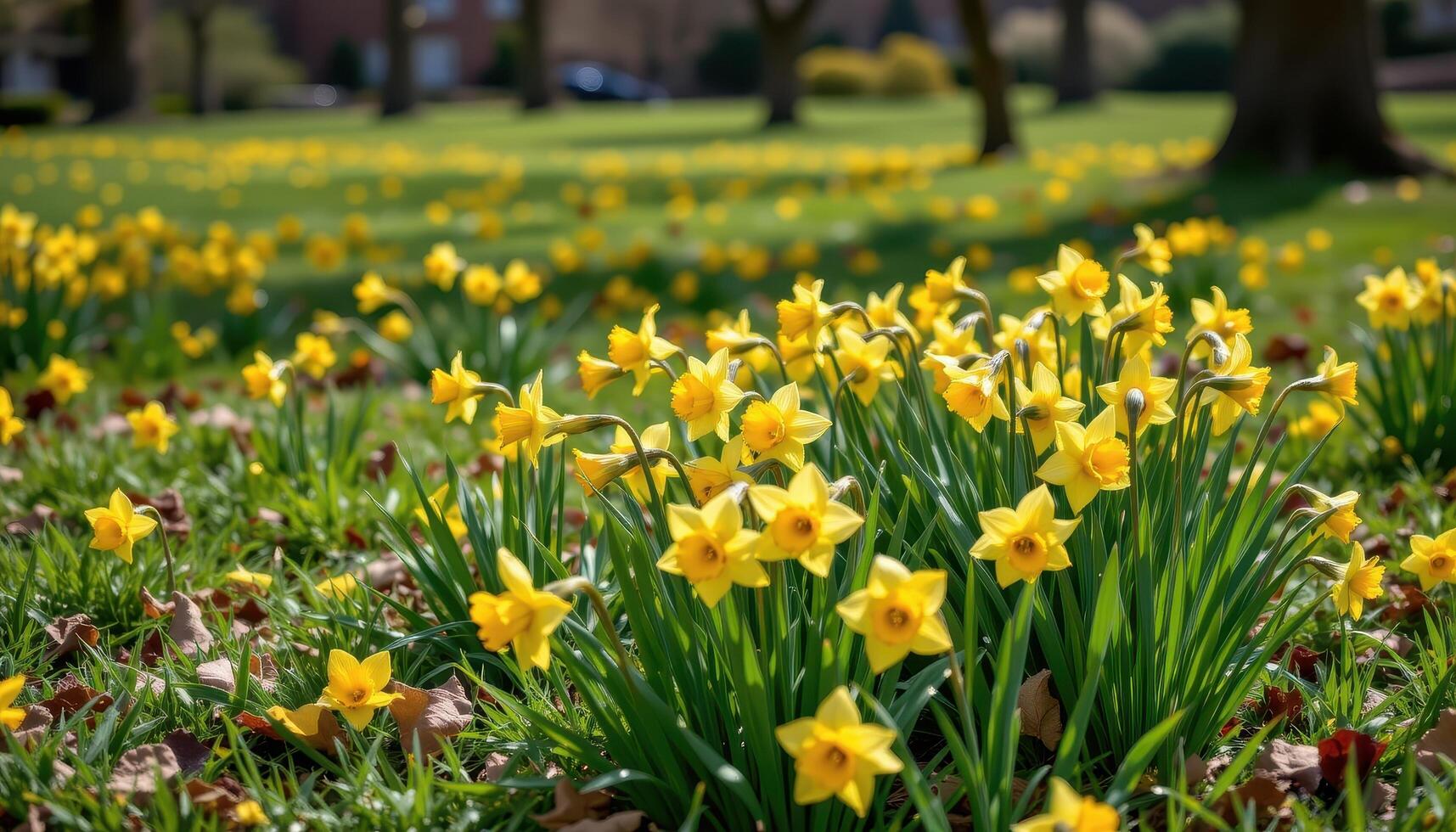 bright yellow daffodils bloom in scattered patches across a grassy park, their trumpet shaped flowers signaling spring's arrival. photo