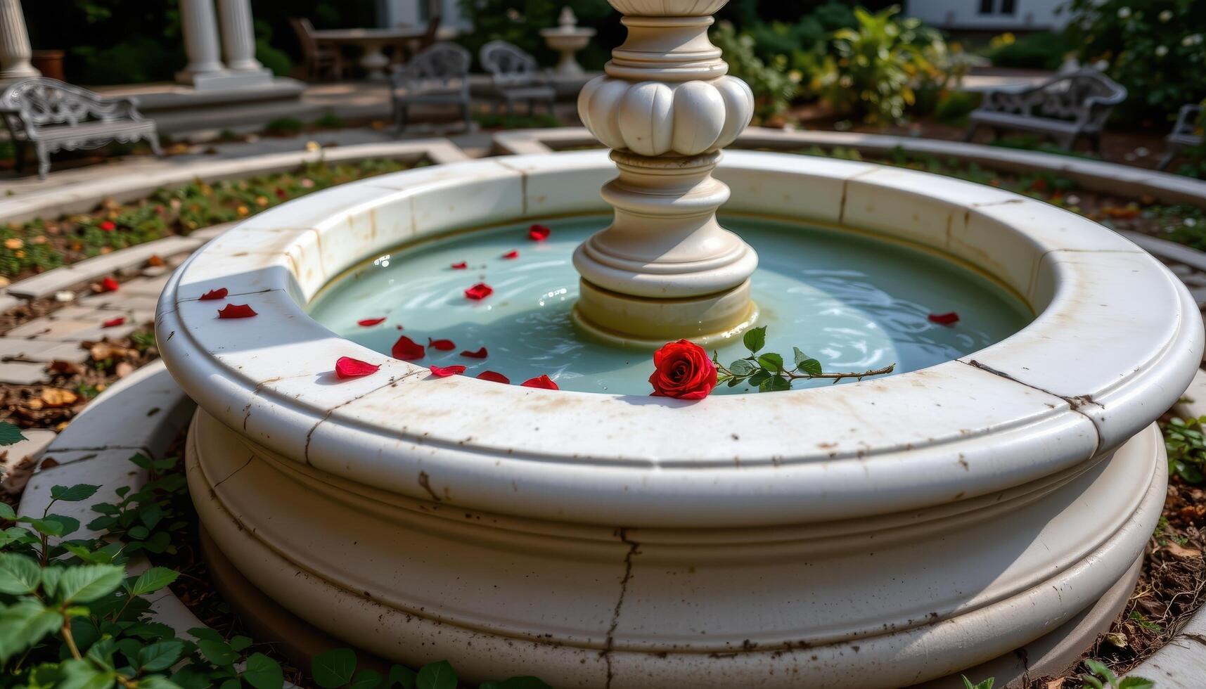 the petals of a single red rose lie scattered across a white marble fountain photo