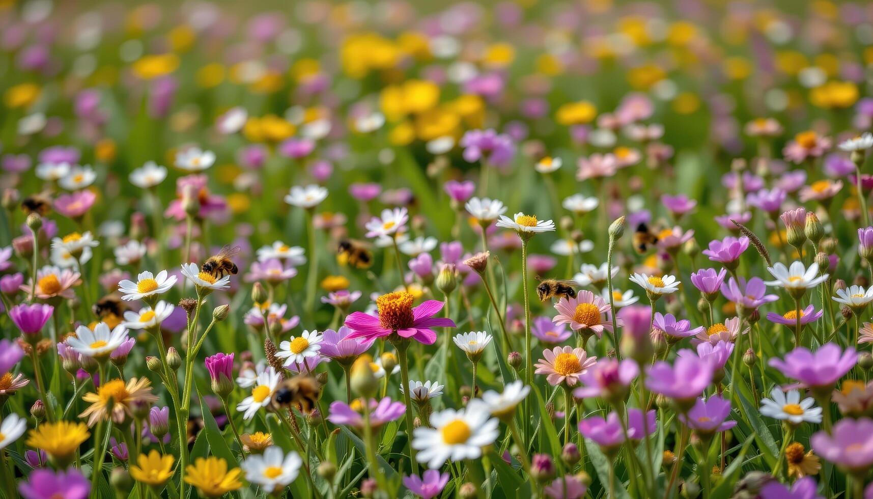 a quiet meadow is alive with the buzzing of bees among fields of wildflowers in every color imaginable. photo