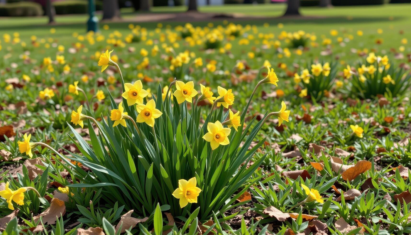 bright yellow daffodils bloom in scattered patches across a grassy park, their trumpet shaped flowers signaling photo
