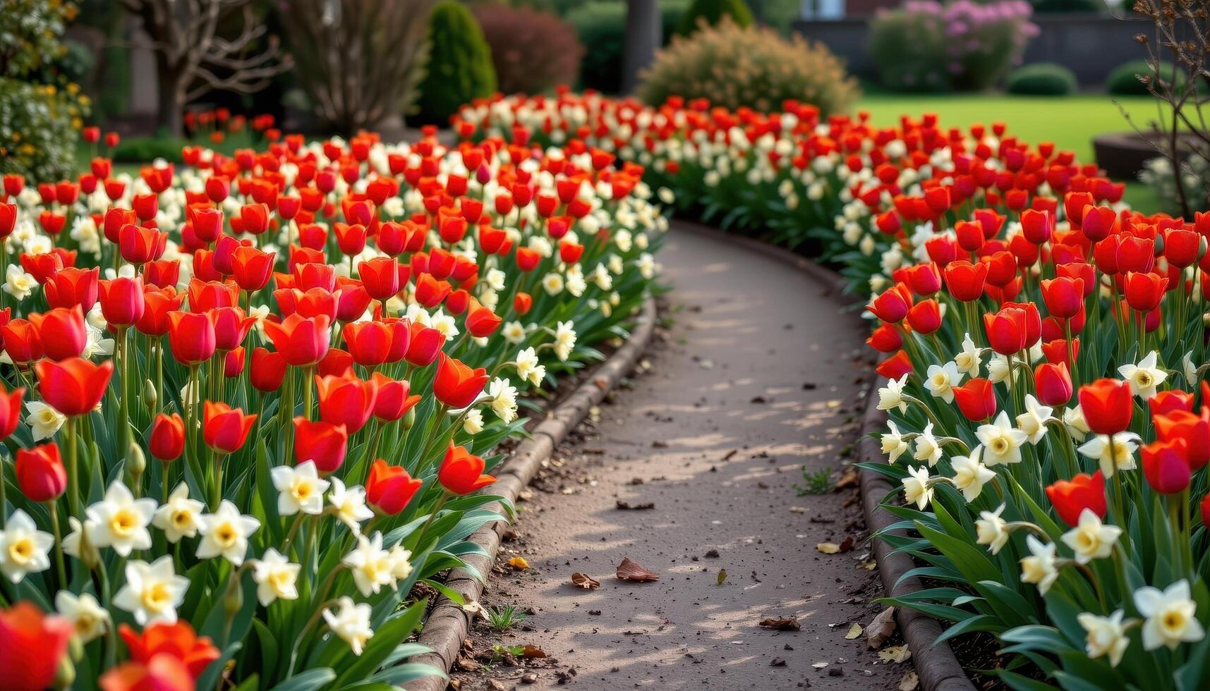 the gentle curve of a garden path is bordered by clusters of bright red tulips and creamy white daffodils. photo