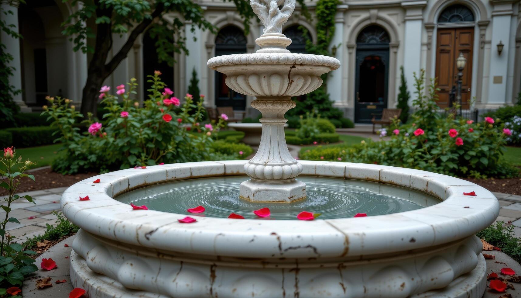 the petals of a single red rose lie scattered across a white marble fountain in an abandoned garden. photo