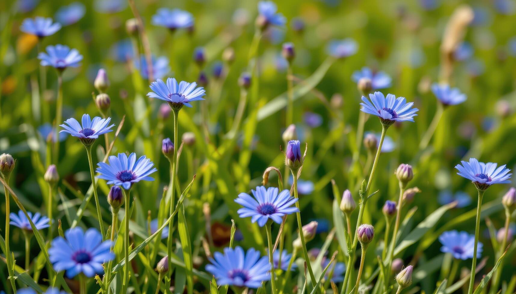 bright blue cornflowers bloom in a wild meadow, their slender stems swaying gently in the summer breeze. photo