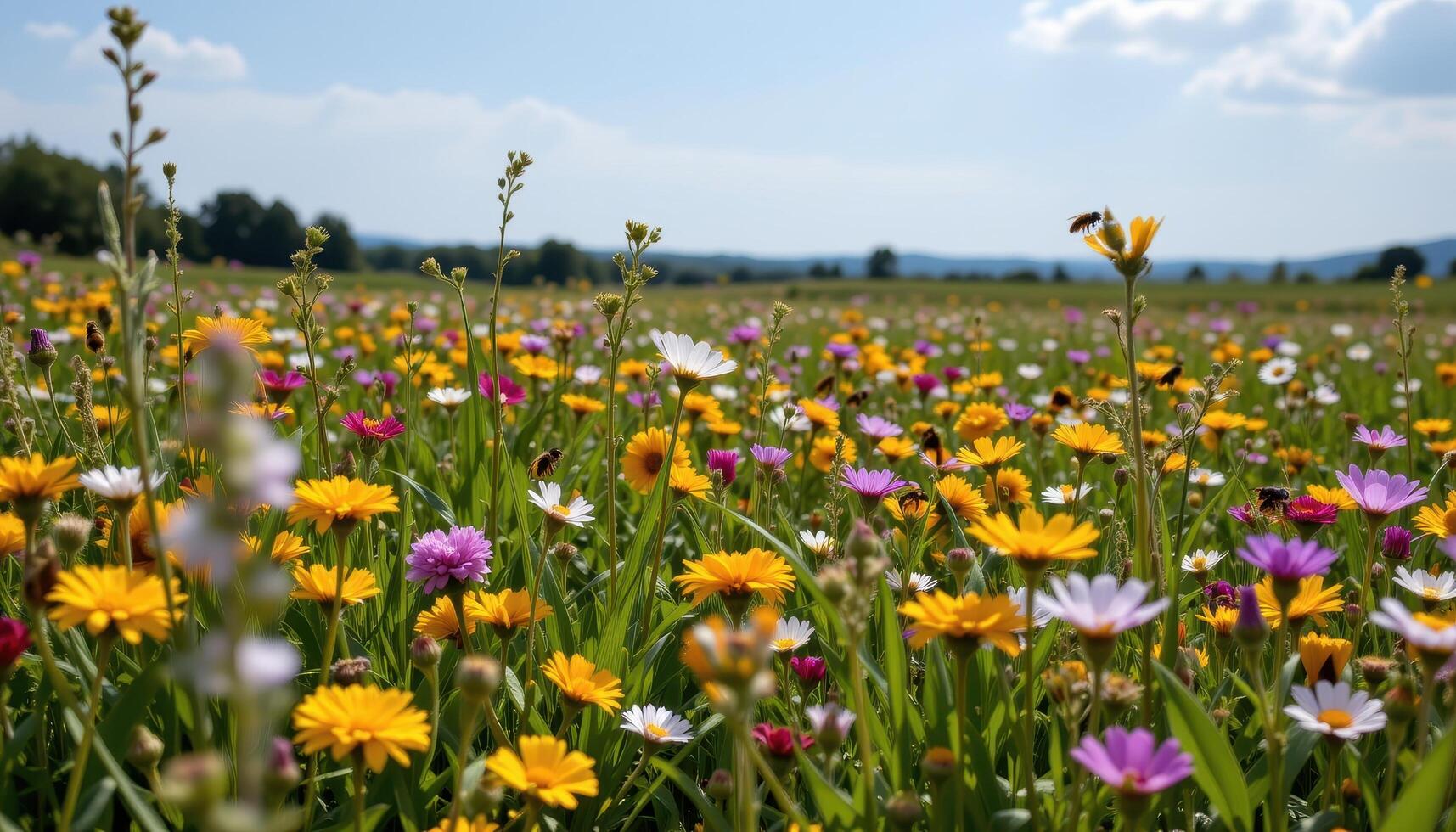 a quiet meadow is alive with the buzzing of bees among fields of wildflowers in every color photo
