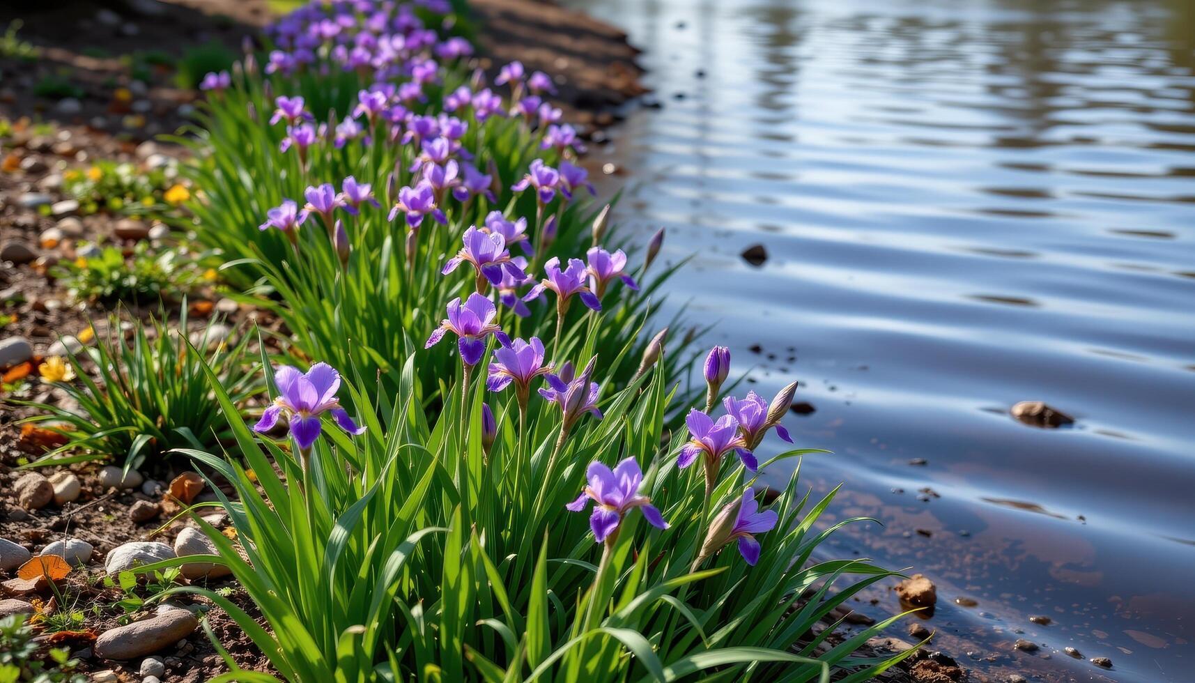 a winding riverbank is lined with blooming purple irises, their slender leaves brushing the calm water's edge. photo