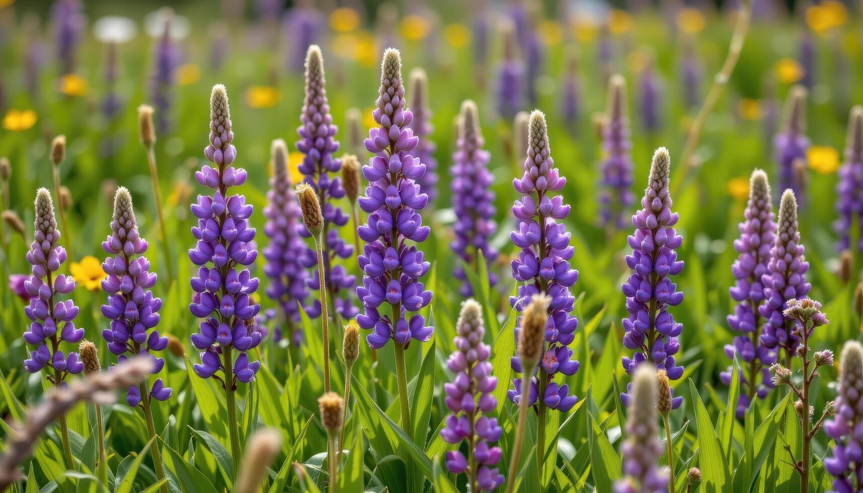 clusters of purple lupines rise proudly in a wildflower meadow, their tall spikes standing out against the green grasses. photo