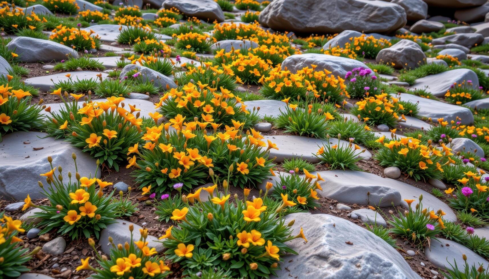 a rocky slope dotted with vibrant orange tiger lilies and patches of wild thyme creates mosaics of color and texture. photo