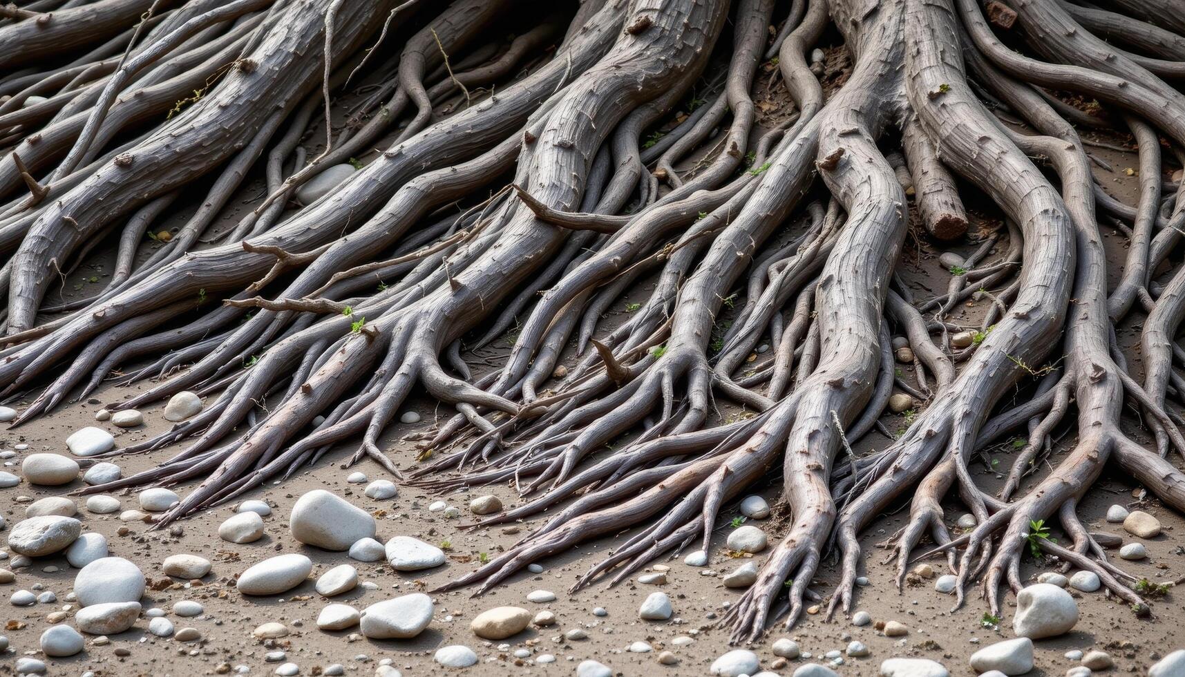 dried riverbed with twisted tree roots and scattered stones. photo