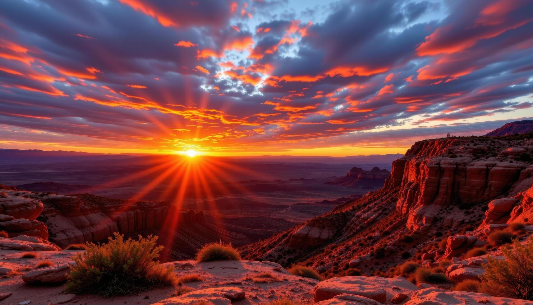 blazing sunset above layered desert mesas. photo