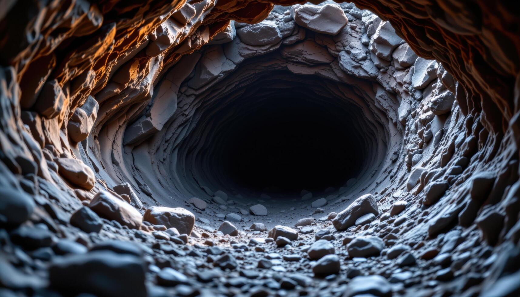 dry lava tube winding under a rocky surface photo