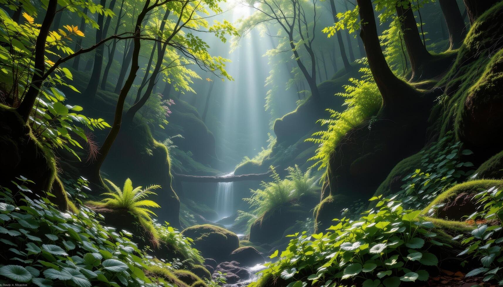 forest ravine with glowing ferns and mist photo