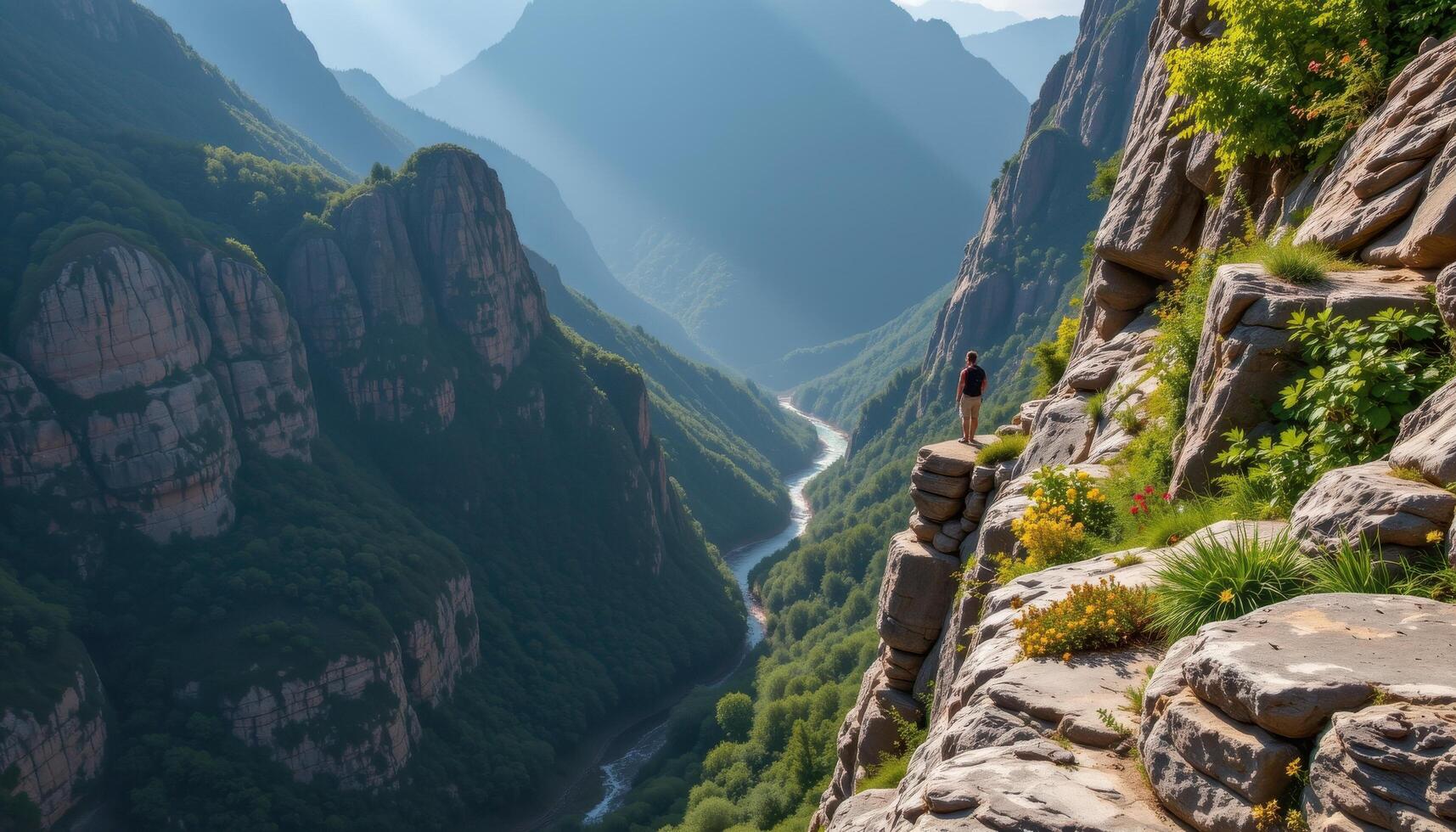 narrow cliff ledge overlooking a misty ravine photo