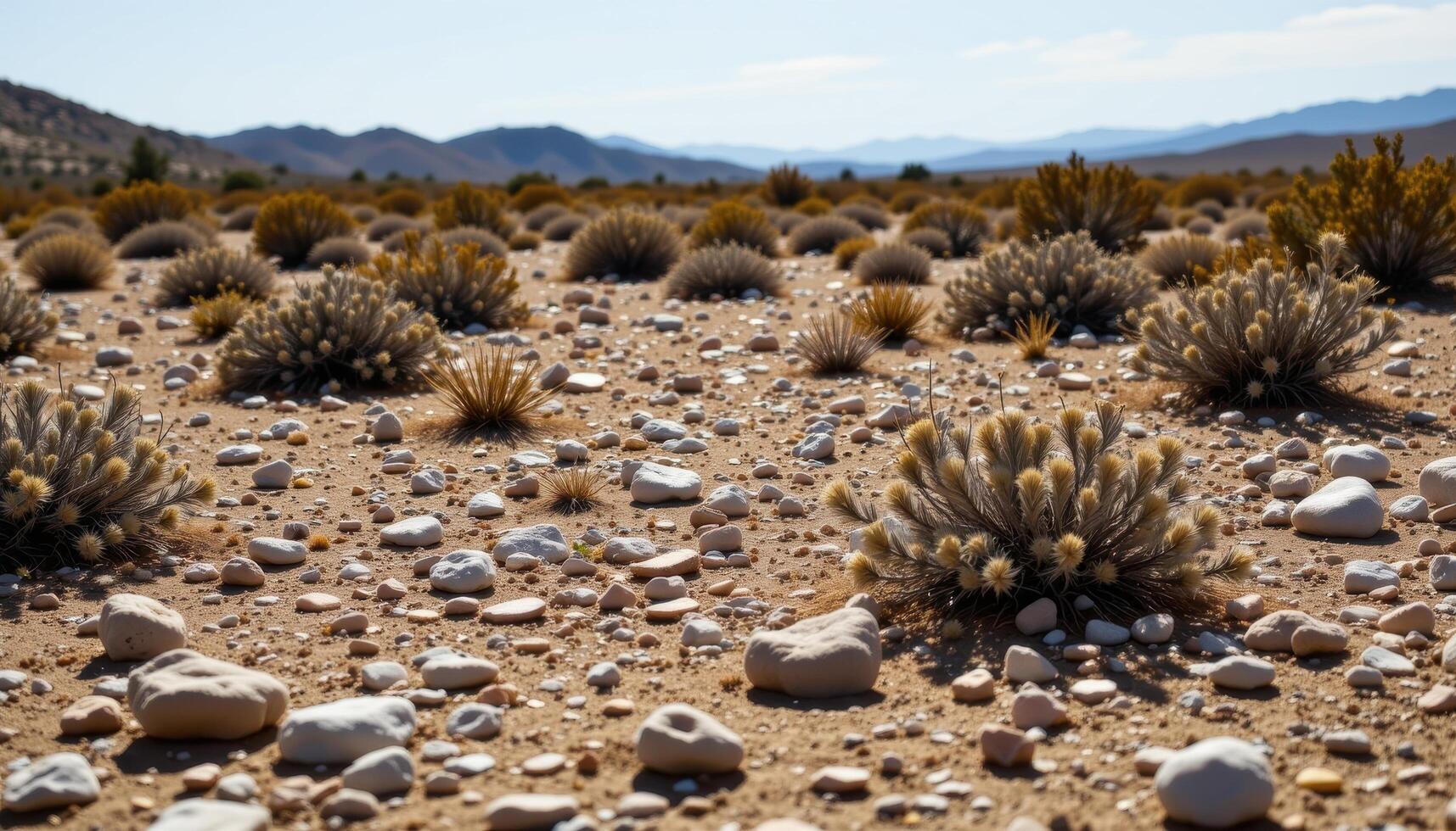 wild plateau scattered with stones and dry shrubs photo