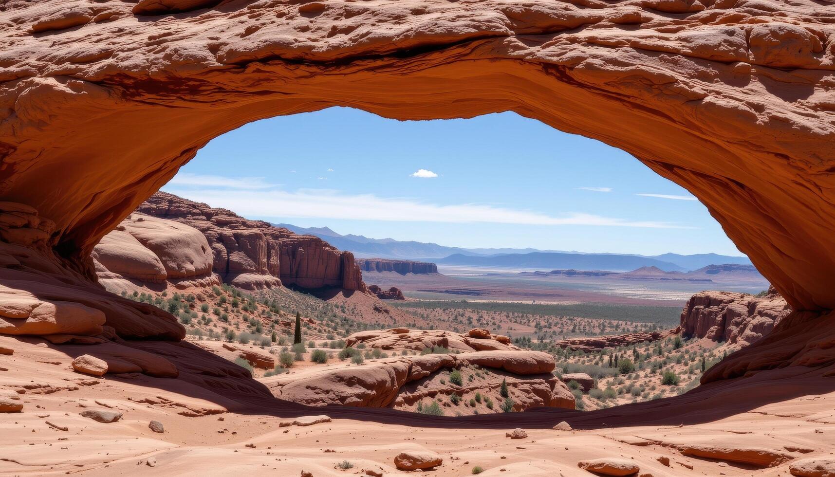 red rock arch framing the distant desert horizon photo