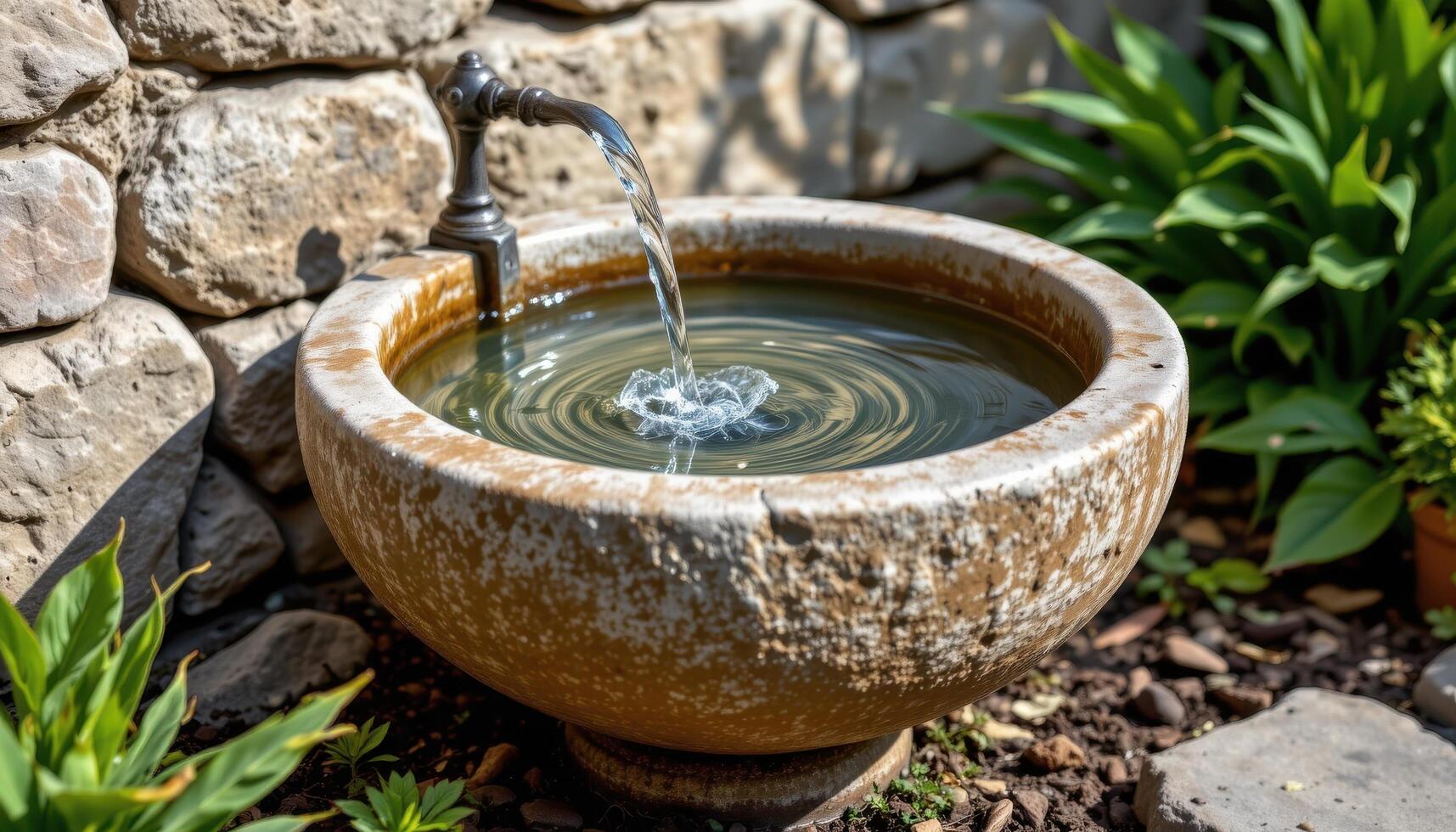 stone basin filled with clear rainwater photo
