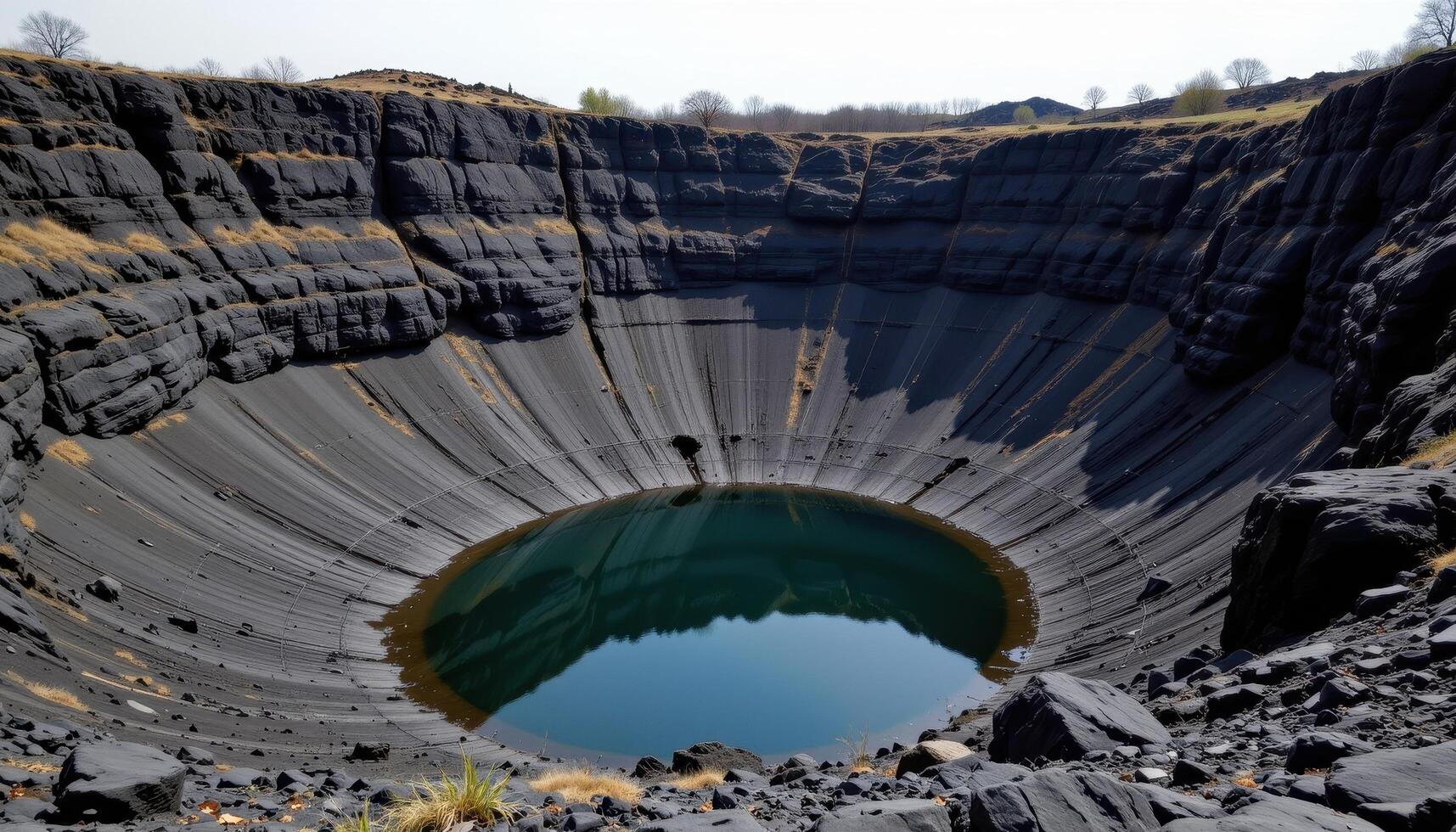 sunken crater with jagged black rock and still water photo