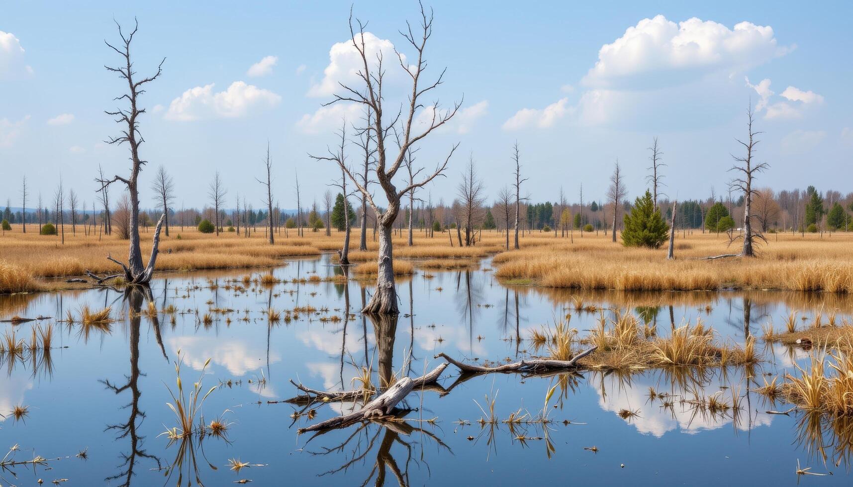 flooded plain dotted with dead trees and reeds photo