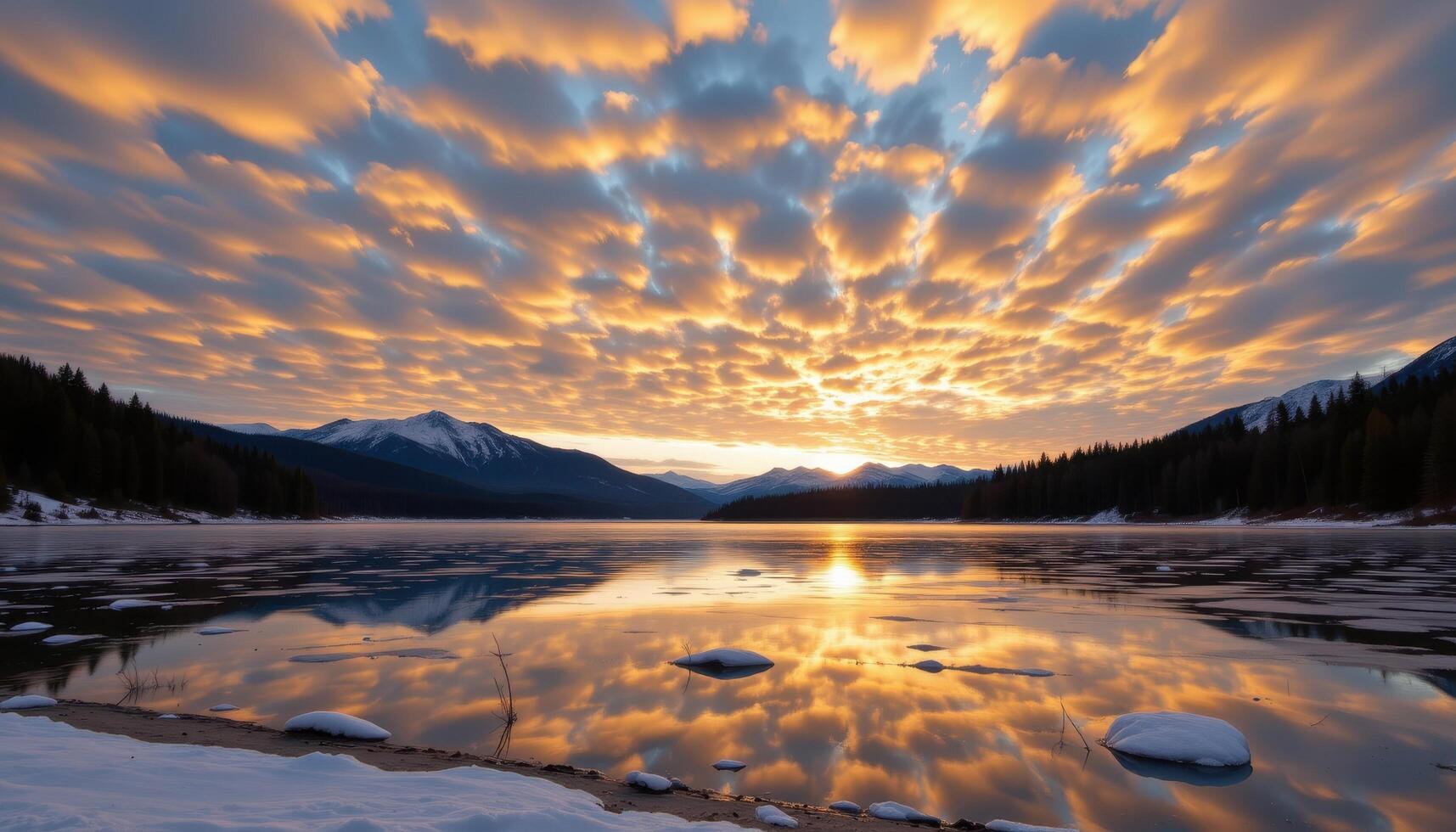 ice rimmed lake with broken reflections of clouds photo