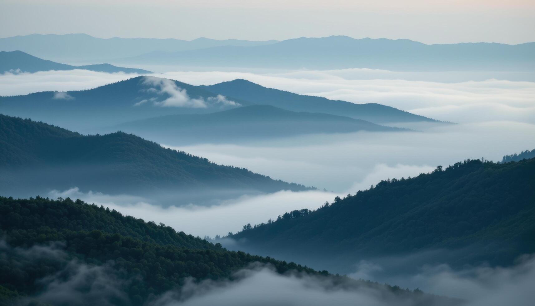 fog drifting through layers of dark green hills photo